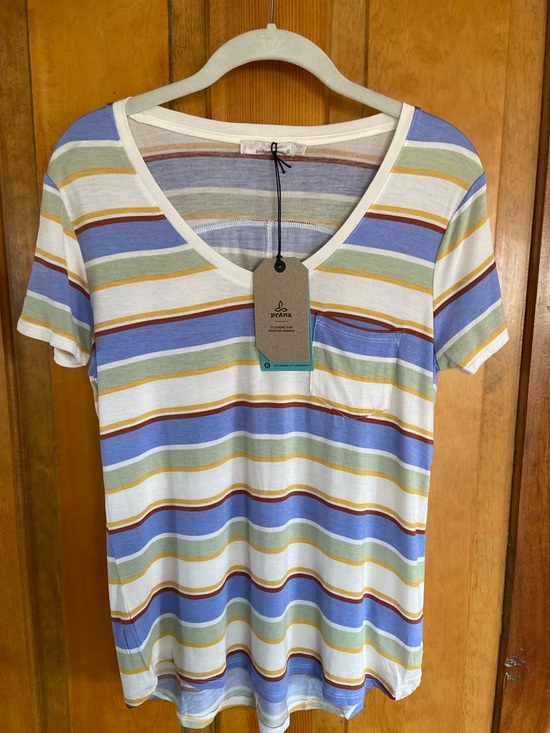 Prana Tops - Prana Striped V-Neck Tee in Blue, White, Green, Gold, Brown